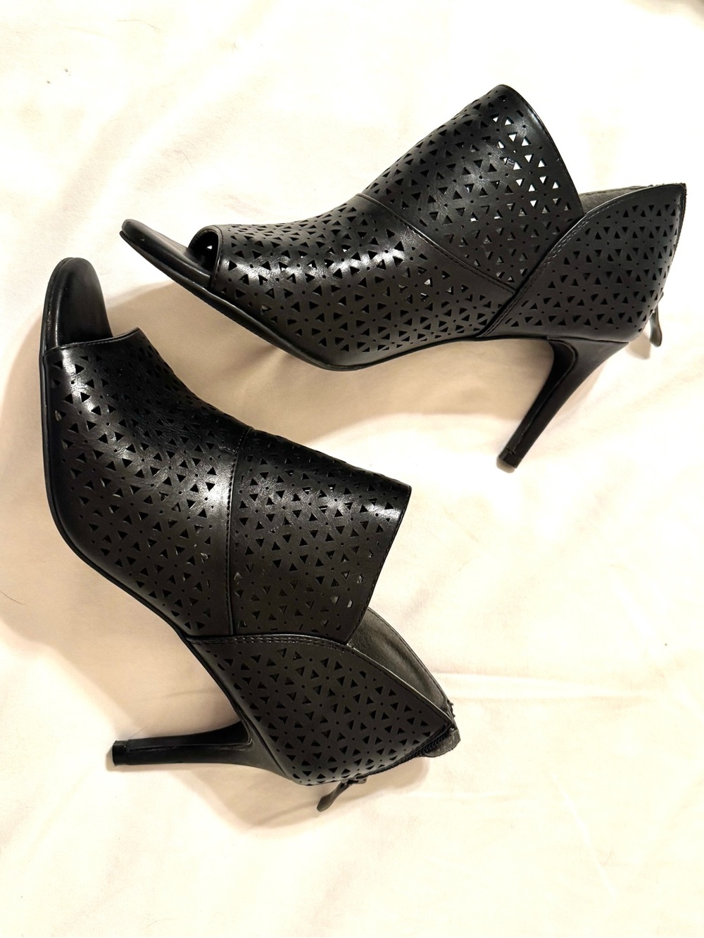 Andrew Geller LINLEY Black Perforated Peep-Toe Stiletto Booties Cutout Scalloped